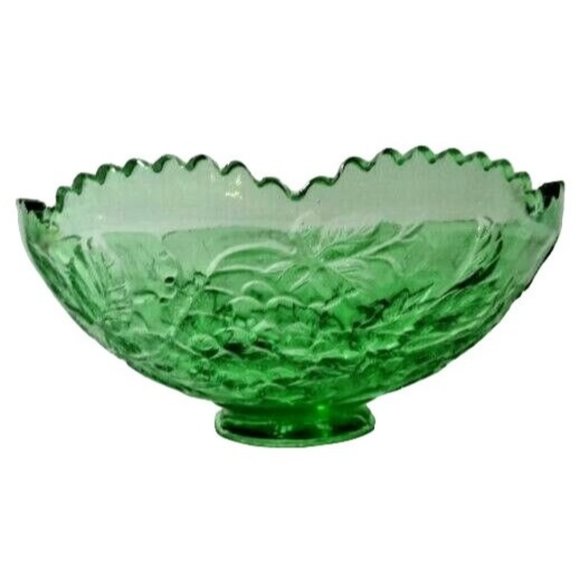 Green Glass Round Fruit Bowl Large Sawtoogh Edge Embossed 12.5 Diameter - Picture 2 of 3